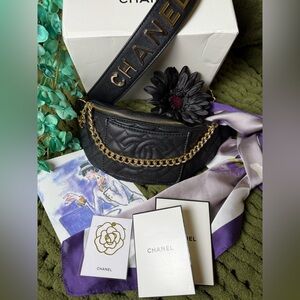 Chanel Quilted Black Waist Bag w/ Scarf & Bookmark